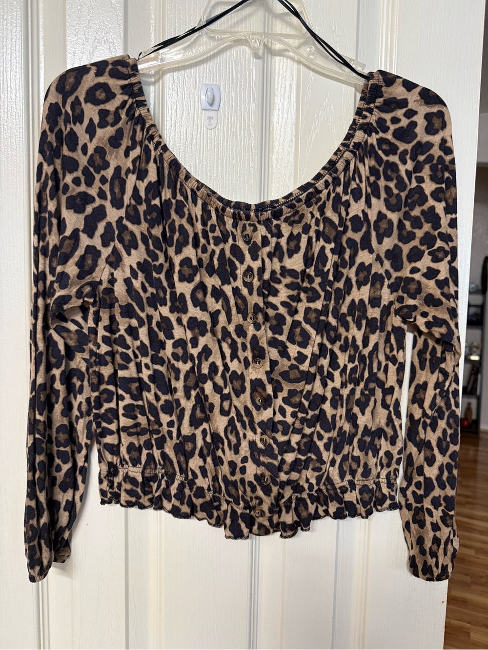 H&M Leopard Print Long Sleeve Scoop Neck Top - Brown & Black